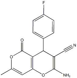 2-amino-4-(4-fluorophenyl)-7-methyl-5-oxo-4H,5H-pyrano[4,3-b]pyran-3-carbonitrile Struktur