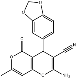 2-amino-4-(1,3-benzodioxol-5-yl)-7-methyl-5-oxo-4H,5H-pyrano[4,3-b]pyran-3-carbonitrile 化学構造式