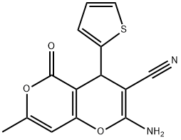 2-amino-7-methyl-5-oxo-4-(2-thienyl)-4H,5H-pyrano[4,3-b]pyran-3-carbonitrile Structure