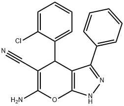 6-amino-4-(2-chlorophenyl)-3-phenyl-2,4-dihydropyrano[2,3-c]pyrazole-5-carbonitrile 化学構造式