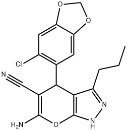 6-amino-4-(6-chloro-1,3-benzodioxol-5-yl)-3-propyl-1,4-dihydropyrano[2,3-c]pyrazole-5-carbonitrile 结构式