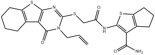 2-({[(3-allyl-4-oxo-3,4,5,6,7,8-hexahydro[1]benzothieno[2,3-d]pyrimidin-2-yl)sulfanyl]acetyl}amino)-5,6-dihydro-4H-cyclopenta[b]thiophene-3-carboxamide Struktur