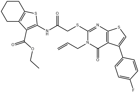 ethyl 2-[({[3-allyl-5-(4-fluorophenyl)-4-oxo-3,4-dihydrothieno[2,3-d]pyrimidin-2-yl]sulfanyl}acetyl)amino]-4,5,6,7-tetrahydro-1-benzothiophene-3-carboxylate Struktur