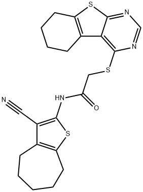 N-(3-cyano-5,6,7,8-tetrahydro-4H-cyclohepta[b]thien-2-yl)-2-(5,6,7,8-tetrahydro[1]benzothieno[2,3-d]pyrimidin-4-ylsulfanyl)acetamide Struktur