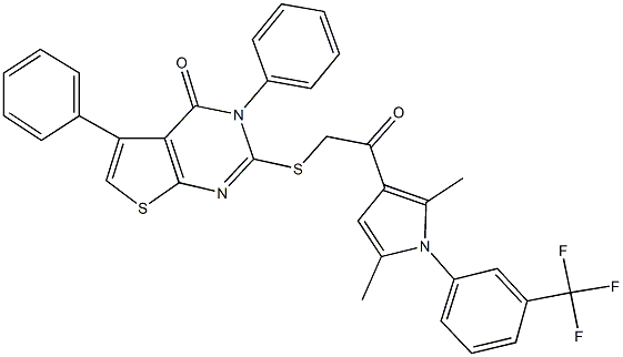 2-[(2-{2,5-dimethyl-1-[3-(trifluoromethyl)phenyl]-1H-pyrrol-3-yl}-2-oxoethyl)sulfanyl]-3,5-diphenylthieno[2,3-d]pyrimidin-4(3H)-one 化学構造式
