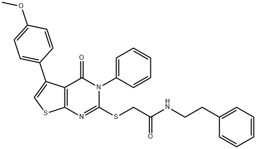 2-{[5-(4-methoxyphenyl)-4-oxo-3-phenyl-3,4-dihydrothieno[2,3-d]pyrimidin-2-yl]sulfanyl}-N-(2-phenylethyl)acetamide 化学構造式