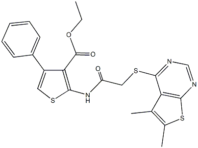 ethyl 2-({[(5,6-dimethylthieno[2,3-d]pyrimidin-4-yl)sulfanyl]acetyl}amino)-4-phenyl-3-thiophenecarboxylate Struktur