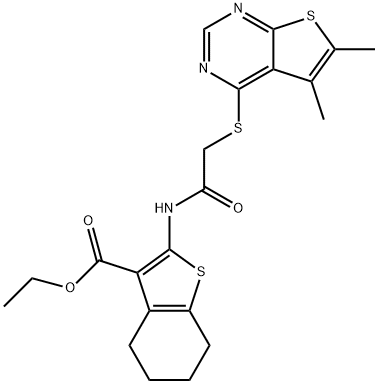 ethyl 2-({[(5,6-dimethylthieno[2,3-d]pyrimidin-4-yl)sulfanyl]acetyl}amino)-4,5,6,7-tetrahydro-1-benzothiophene-3-carboxylate Struktur