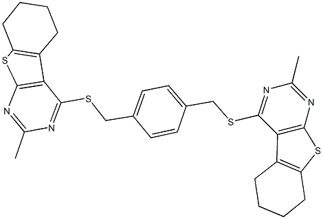 2-methyl-4-[(4-{[(2-methyl-5,6,7,8-tetrahydro[1]benzothieno[2,3-d]pyrimidin-4-yl)sulfanyl]methyl}benzyl)sulfanyl]-5,6,7,8-tetrahydro[1]benzothieno[2,3-d]pyrimidine 化学構造式