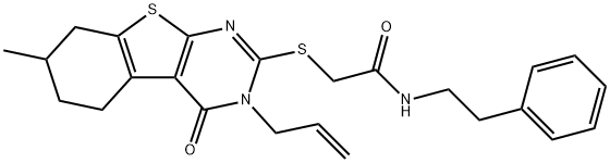 2-[(3-allyl-7-methyl-4-oxo-3,4,5,6,7,8-hexahydro[1]benzothieno[2,3-d]pyrimidin-2-yl)sulfanyl]-N-(2-phenylethyl)acetamide 化学構造式