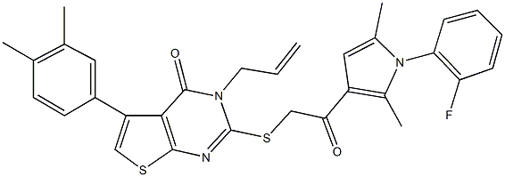 3-allyl-5-(3,4-dimethylphenyl)-2-({2-[1-(2-fluorophenyl)-2,5-dimethyl-1H-pyrrol-3-yl]-2-oxoethyl}sulfanyl)thieno[2,3-d]pyrimidin-4(3H)-one Struktur