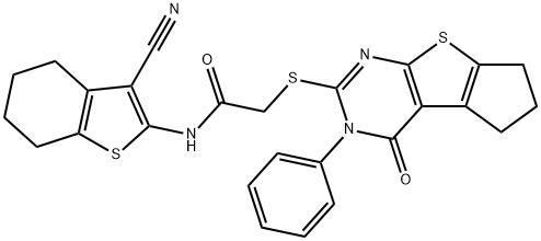 N-(3-cyano-4,5,6,7-tetrahydro-1-benzothien-2-yl)-2-[(4-oxo-3-phenyl-3,5,6,7-tetrahydro-4H-cyclopenta[4,5]thieno[2,3-d]pyrimidin-2-yl)sulfanyl]acetamide 结构式