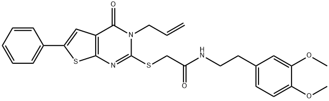 2-[(3-allyl-4-oxo-6-phenyl-3,4-dihydrothieno[2,3-d]pyrimidin-2-yl)sulfanyl]-N-[2-(3,4-dimethoxyphenyl)ethyl]acetamide 化学構造式