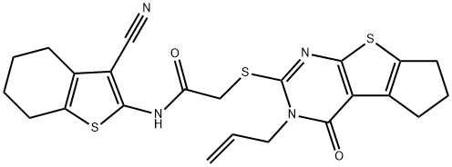 2-[(3-allyl-4-oxo-3,5,6,7-tetrahydro-4H-cyclopenta[4,5]thieno[2,3-d]pyrimidin-2-yl)sulfanyl]-N-(3-cyano-4,5,6,7-tetrahydro-1-benzothien-2-yl)acetamide,315696-65-2,结构式
