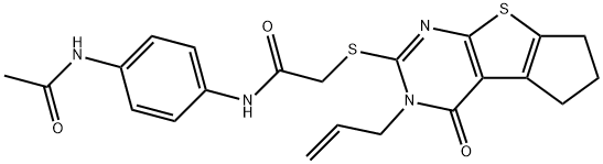 N-[4-(acetylamino)phenyl]-2-[(3-allyl-4-oxo-3,5,6,7-tetrahydro-4H-cyclopenta[4,5]thieno[2,3-d]pyrimidin-2-yl)sulfanyl]acetamide 结构式