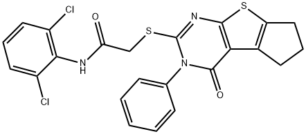 N-(2,6-dichlorophenyl)-2-[(4-oxo-3-phenyl-3,5,6,7-tetrahydro-4H-cyclopenta[4,5]thieno[2,3-d]pyrimidin-2-yl)sulfanyl]acetamide 化学構造式