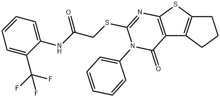 2-[(4-oxo-3-phenyl-3,5,6,7-tetrahydro-4H-cyclopenta[4,5]thieno[2,3-d]pyrimidin-2-yl)sulfanyl]-N-[2-(trifluoromethyl)phenyl]acetamide Struktur