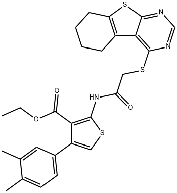 ethyl 4-(3,4-dimethylphenyl)-2-{[(5,6,7,8-tetrahydro[1]benzothieno[2,3-d]pyrimidin-4-ylsulfanyl)acetyl]amino}-3-thiophenecarboxylate Structure