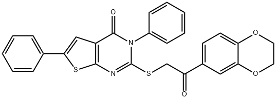 2-{[2-(2,3-dihydro-1,4-benzodioxin-6-yl)-2-oxoethyl]sulfanyl}-3,6-diphenylthieno[2,3-d]pyrimidin-4(3H)-one 结构式