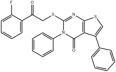 2-{[2-(2-fluorophenyl)-2-oxoethyl]sulfanyl}-3,5-diphenylthieno[2,3-d]pyrimidin-4(3H)-one Struktur
