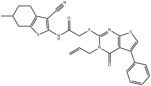 2-[(3-allyl-4-oxo-5-phenyl-3,4-dihydrothieno[2,3-d]pyrimidin-2-yl)sulfanyl]-N-(3-cyano-6-methyl-4,5,6,7-tetrahydro-1-benzothien-2-yl)acetamide 结构式