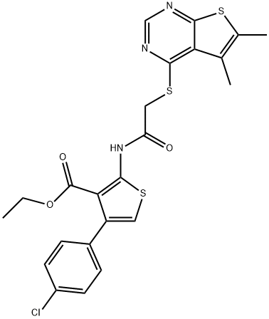 ethyl 4-(4-chlorophenyl)-2-({[(5,6-dimethylthieno[2,3-d]pyrimidin-4-yl)sulfanyl]acetyl}amino)thiophene-3-carboxylate Struktur