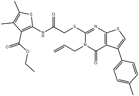 ethyl 2-[({[3-allyl-5-(4-methylphenyl)-4-oxo-3,4-dihydrothieno[2,3-d]pyrimidin-2-yl]sulfanyl}acetyl)amino]-4,5-dimethylthiophene-3-carboxylate Struktur