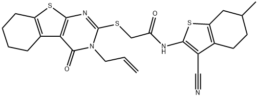 2-[(3-allyl-4-oxo-3,4,5,6,7,8-hexahydro[1]benzothieno[2,3-d]pyrimidin-2-yl)sulfanyl]-N-(3-cyano-6-methyl-4,5,6,7-tetrahydro-1-benzothien-2-yl)acetamide,315710-54-4,结构式