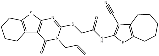 2-[(3-allyl-4-oxo-3,4,5,6,7,8-hexahydro[1]benzothieno[2,3-d]pyrimidin-2-yl)sulfanyl]-N-(3-cyano-5,6,7,8-tetrahydro-4H-cyclohepta[b]thien-2-yl)acetamide 化学構造式
