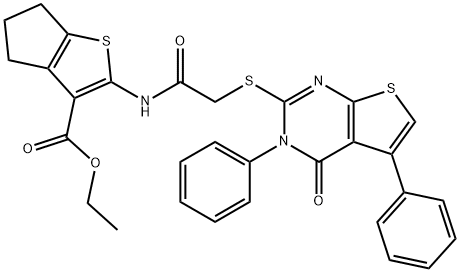 ethyl 2-({[(4-oxo-3,5-diphenyl-3,4-dihydrothieno[2,3-d]pyrimidin-2-yl)sulfanyl]acetyl}amino)-5,6-dihydro-4H-cyclopenta[b]thiophene-3-carboxylate 结构式