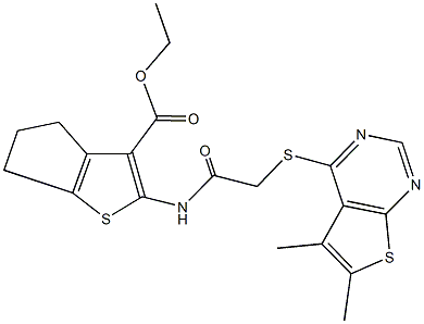 ethyl 2-({[(5,6-dimethylthieno[2,3-d]pyrimidin-4-yl)sulfanyl]acetyl}amino)-5,6-dihydro-4H-cyclopenta[b]thiophene-3-carboxylate 结构式