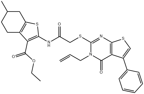 ethyl 2-({[(3-allyl-4-oxo-5-phenyl-3,4-dihydrothieno[2,3-d]pyrimidin-2-yl)sulfanyl]acetyl}amino)-6-methyl-4,5,6,7-tetrahydro-1-benzothiophene-3-carboxylate Structure