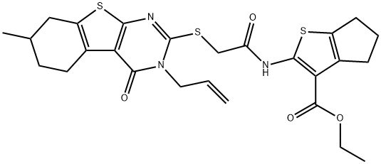 ethyl 2-({[(3-allyl-7-methyl-4-oxo-3,4,5,6,7,8-hexahydro[1]benzothieno[2,3-d]pyrimidin-2-yl)sulfanyl]acetyl}amino)-5,6-dihydro-4H-cyclopenta[b]thiophene-3-carboxylate 结构式