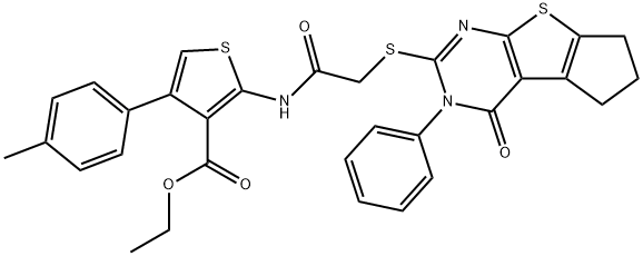 ethyl 4-(4-methylphenyl)-2-({[(4-oxo-3-phenyl-3,5,6,7-tetrahydro-4H-cyclopenta[4,5]thieno[2,3-d]pyrimidin-2-yl)sulfanyl]acetyl}amino)-3-thiophenecarboxylate Struktur