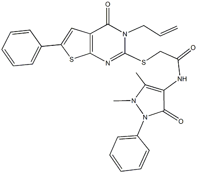 2-[(3-allyl-4-oxo-6-phenyl-3,4-dihydrothieno[2,3-d]pyrimidin-2-yl)sulfanyl]-N-(1,5-dimethyl-3-oxo-2-phenyl-2,3-dihydro-1H-pyrazol-4-yl)acetamide Struktur