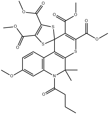 tetramethyl 6'-butyryl-8'-methoxy-5',5'-dimethyl-5',6'-dihydrospiro[1,3-dithiole-2,1'-(1'H)-thiopyrano[2,3-c]quinoline]-2',3',4,5-tetracarboxylate Structure