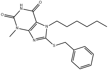 8-(benzylsulfanyl)-7-hexyl-3-methyl-3,7-dihydro-1H-purine-2,6-dione Struktur