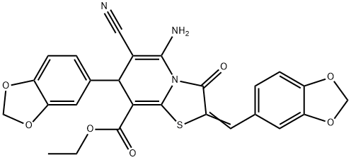 ethyl 5-amino-7-(1,3-benzodioxol-5-yl)-2-(1,3-benzodioxol-5-ylmethylene)-6-cyano-3-oxo-2,3-dihydro-7H-[1,3]thiazolo[3,2-a]pyridine-8-carboxylate Struktur