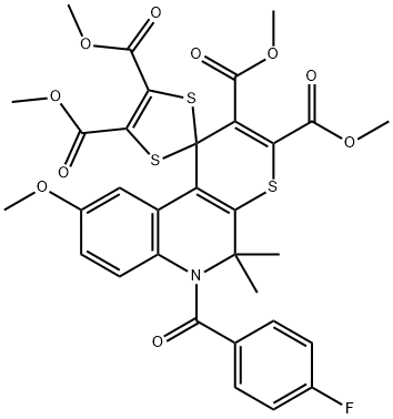 tetramethyl 6'-(4-fluorobenzoyl)-9'-methoxy-5',5'-dimethyl-5',6'-dihydrospiro[1,3-dithiole-2,1'-(1'H)-thiopyrano[2,3-c]quinoline]-2',3',4,5-tetracarboxylate Structure