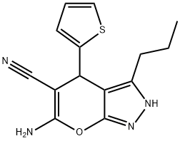 6-amino-3-propyl-4-(2-thienyl)-1,4-dihydropyrano[2,3-c]pyrazole-5-carbonitrile 化学構造式