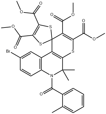 tetramethyl 9'-bromo-5',5'-dimethyl-6'-(2-methylbenzoyl)-5',6'-dihydrospiro(1,3-dithiole-2,1'-[1'H]-thiopyrano[2,3-c]quinoline)-2',3',4,5-tetracarboxylate 结构式