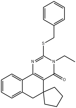 2-(benzylsulfanyl)-3-ethyl-5,6-dihydrospiro(benzo[h]quinazoline-5,1'-cyclopentane)-4(3H)-one Struktur