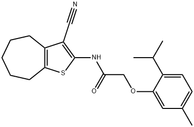 N-(3-cyano-5,6,7,8-tetrahydro-4H-cyclohepta[b]thiophen-2-yl)-2-(2-isopropyl-5-methylphenoxy)acetamide 化学構造式