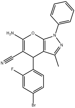 6-amino-4-(4-bromo-2-fluorophenyl)-3-methyl-1-phenyl-1,4-dihydropyrano[2,3-c]pyrazole-5-carbonitrile Struktur