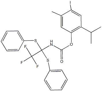 4-iodo-2-isopropyl-5-methylphenyl 2,2,2-trifluoro-1,1-bis(phenylsulfanyl)ethylcarbamate Struktur
