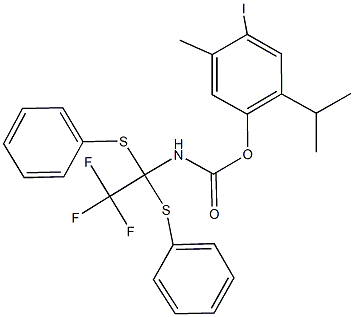 4-iodo-2-isopropyl-5-methylphenyl 2,2,2-trifluoro-1,1-bis(phenylsulfanyl)ethylcarbamate 化学構造式