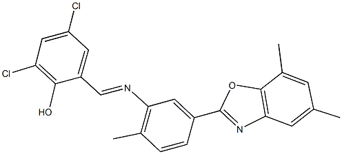 2,4-dichloro-6-({[5-(5,7-dimethyl-1,3-benzoxazol-2-yl)-2-methylphenyl]imino}methyl)phenol 化学構造式