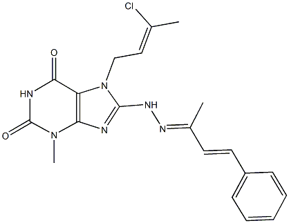 7-(3-chloro-2-butenyl)-3-methyl-8-[2-(1-methyl-3-phenyl-2-propenylidene)hydrazino]-3,7-dihydro-1H-purine-2,6-dione 化学構造式