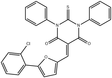 5-{[5-(2-chlorophenyl)-2-furyl]methylene}-1,3-diphenyl-2-thioxodihydro-4,6(1H,5H)-pyrimidinedione 结构式