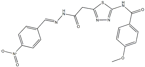 N-{5-[2-(2-{4-nitrobenzylidene}hydrazino)-2-oxoethyl]-1,3,4-thiadiazol-2-yl}-4-methoxybenzamide 化学構造式